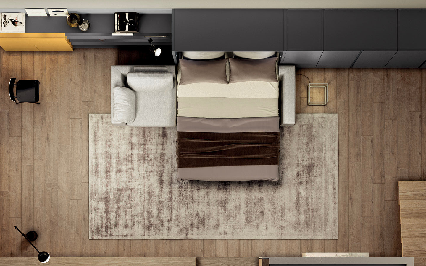 Vue en plan d'une chambre moderne avec lit escamotable, ambiance tonale, parquet en bois, tapis texturé et mobilier intégré