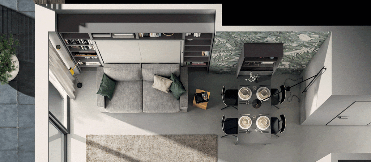 Vue aérienne d'un salon moderne avec une armoire-lit Penelope intégrée, un canapé gris, une table à manger et une décoration murale à motifs végétaux