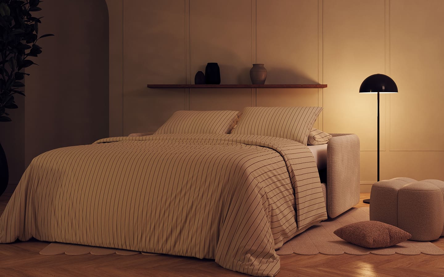 Ambiance canapé-lit Alro beige ouvert