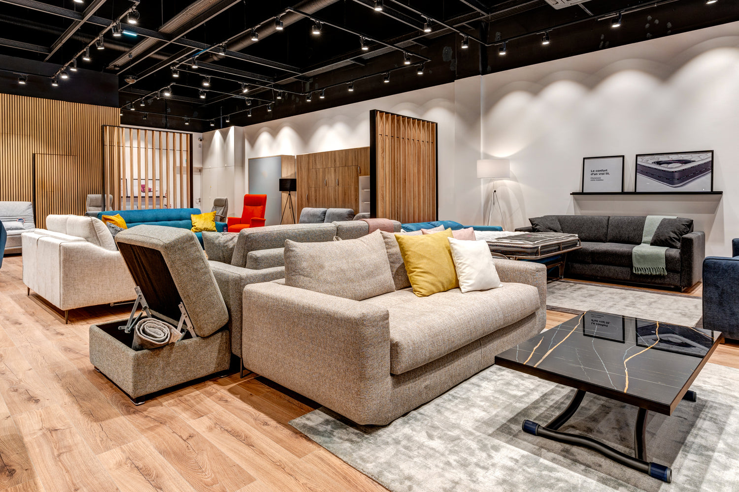 Showroom de La Maison du Convertible avec divers canapés convertibles modernes et élégants, éclairage soigné et décoration contemporaine