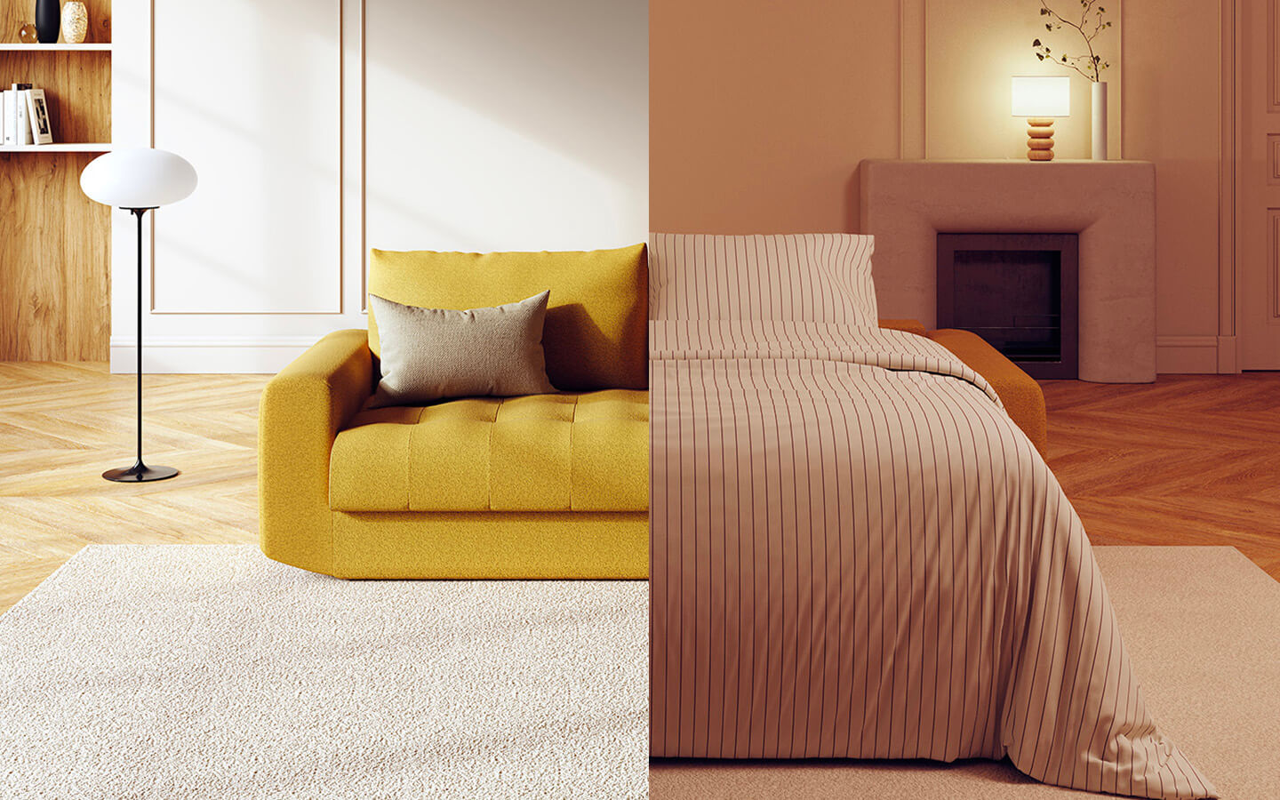 Salon et chambre fusionnés, avec un canapé jaune et un lit à rayures, créant une ambiance harmonieuse et moderne