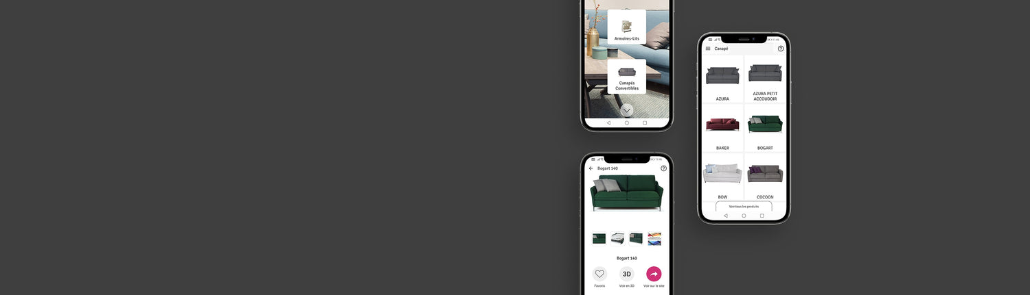 Application mobile affichant des options de canapés en 3D sur trois écrans de smartphone, avec des fonctionnalités de visualisation
