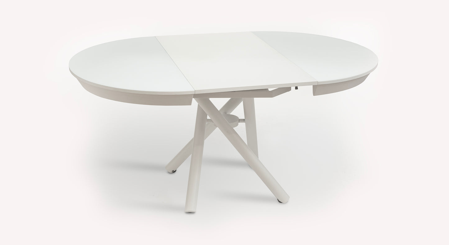 Table ronde extensible blanche avec plateau ouvert, modèle Helios M24G01, sur fond blanc