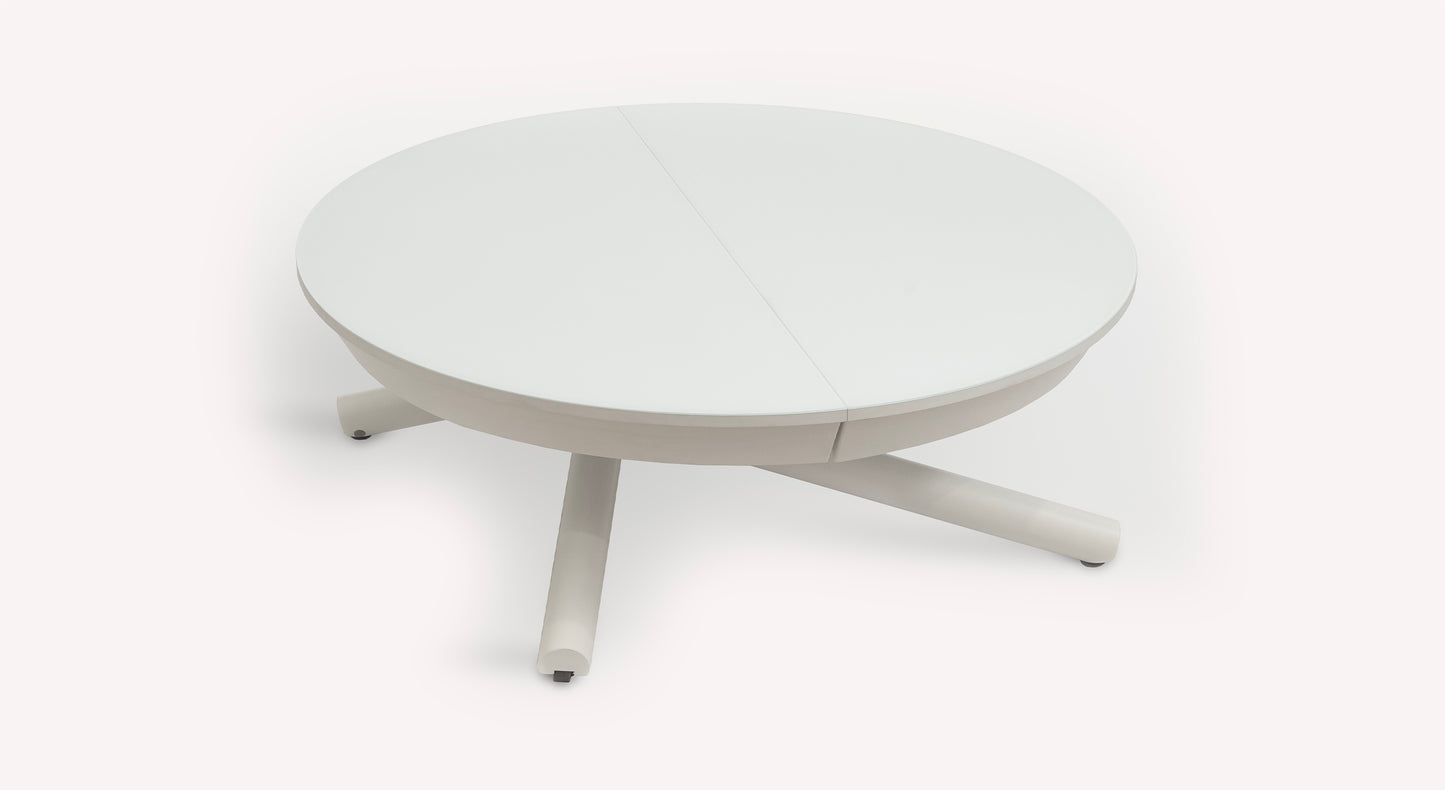 Table basse ronde relevable blanche, modèle Helios M24G012, avec pieds croisés