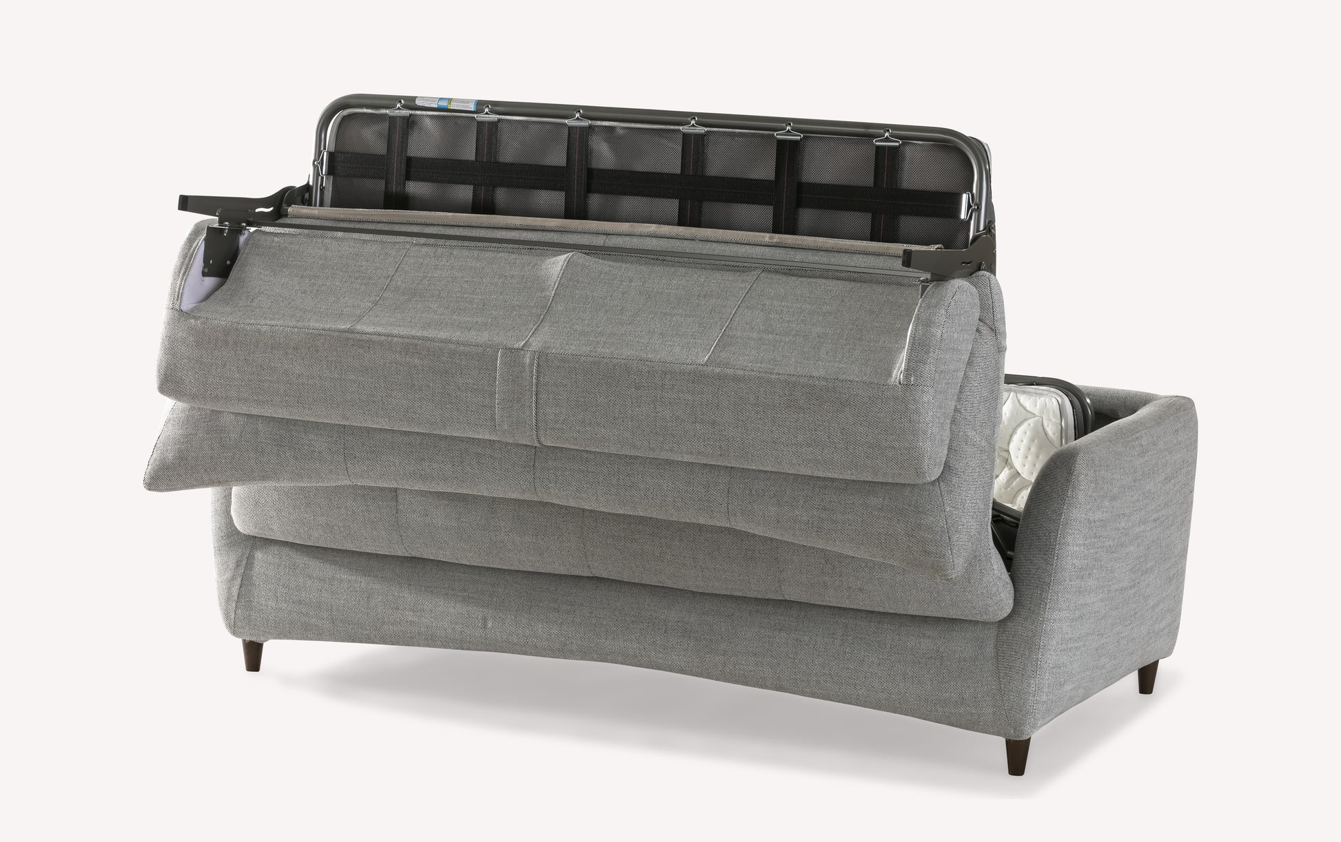 Canapé convertible en tissu gris, modèle Bow Sidecar, en cours de transformation avec le mécanisme visible