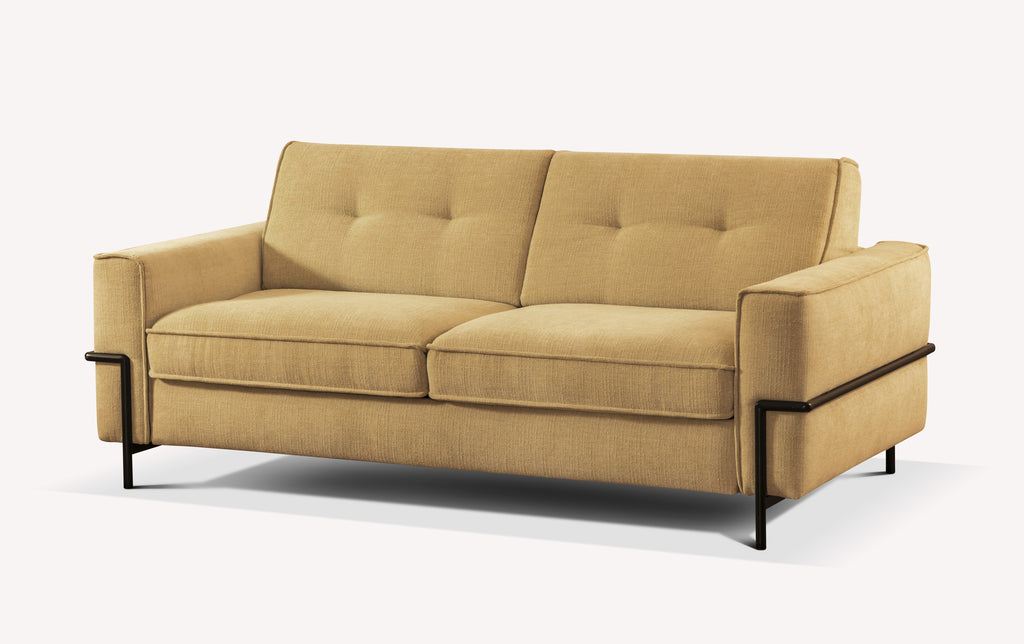 Canapé convertible Eddy en tissu Nuvole couleur curcuma, design moderne avec accoudoirs épais et pieds noirs