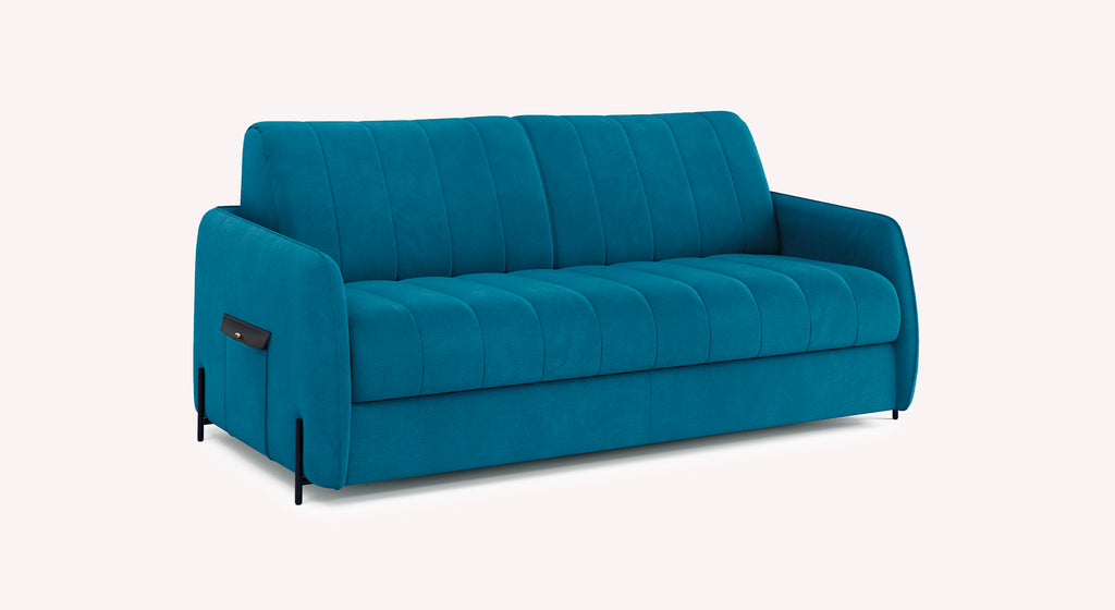 Canapé convertible Horus en velours mat bleu pétrole avec accoudoirs arrondis et poche latérale