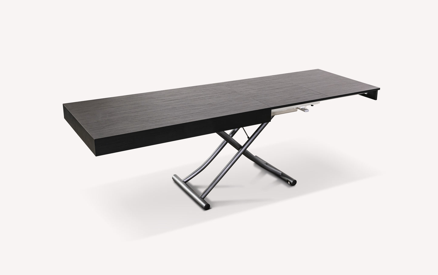 Table extensible en bois foncé avec pieds en métal, modèle Mélange ML44, en position ouverte