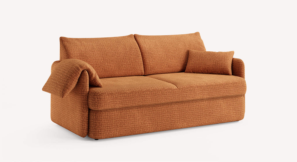 Canapé convertible Arlo Paradox 9 en tissu cuivre, design moderne avec coussins assortis