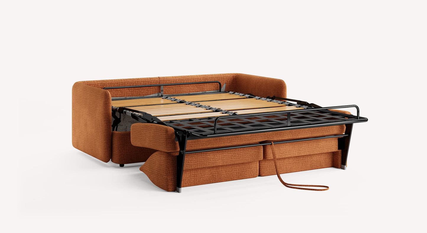 Canapé convertible Arlo Paradox en tissu cuivre, déplié pour montrer le mécanisme de lit intégré