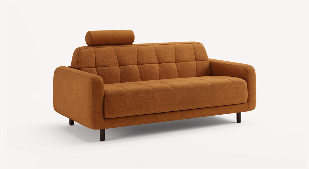 Canapé convertible Clark en tissu cuivre avec appuie-tête, design moderne et pieds sombres