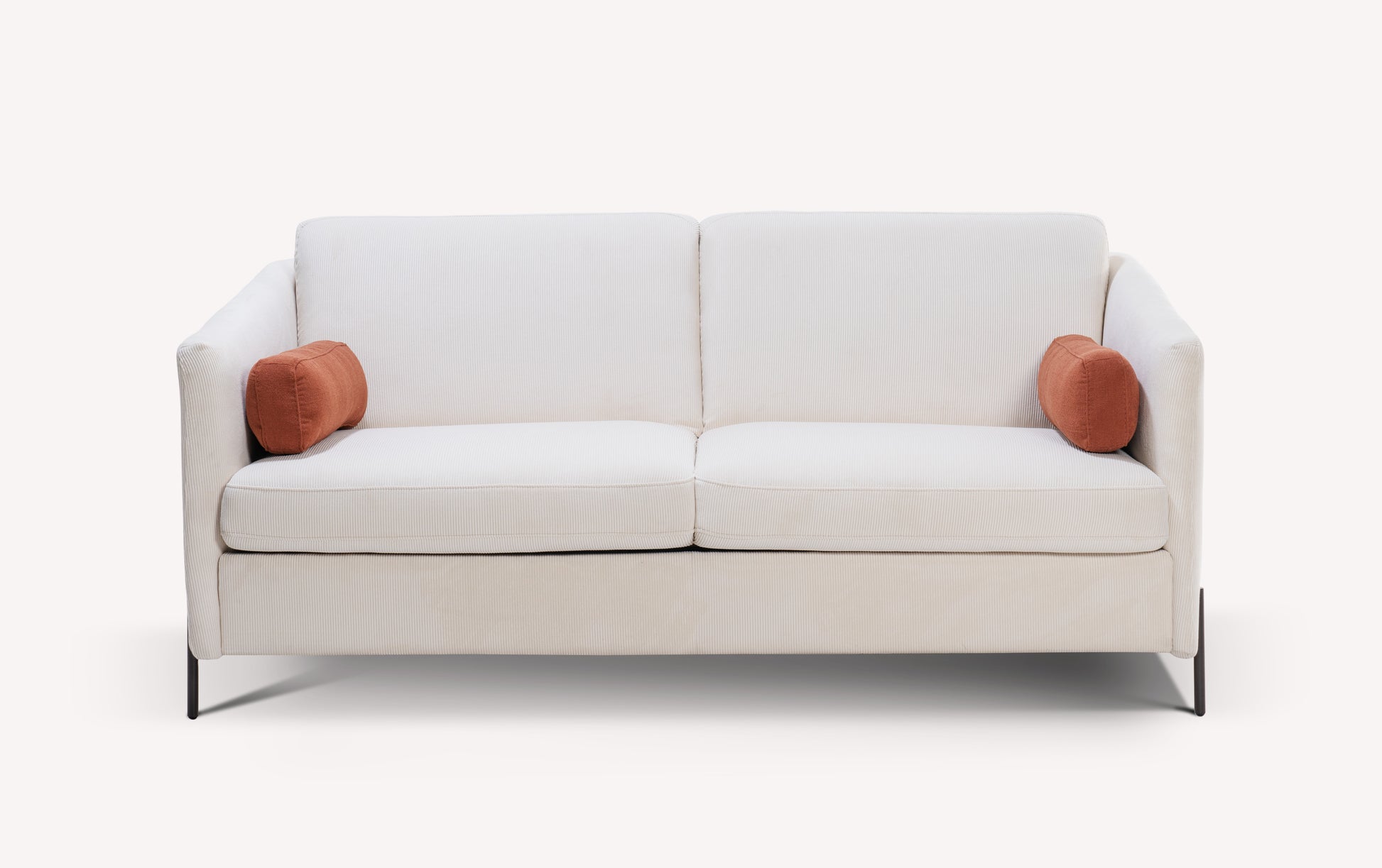 Canapé convertible en velours côtelé blanc avec coussins cylindriques orange, modèle Teatro Nata