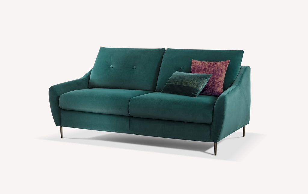 Canapé convertible en velours mat couleur pétrole avec coussins décoratifs, design moderne et pieds fins