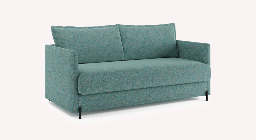 Canapé convertible en tissu Denver couleur lagon, modèle Serge, avec accoudoirs et pieds noirs