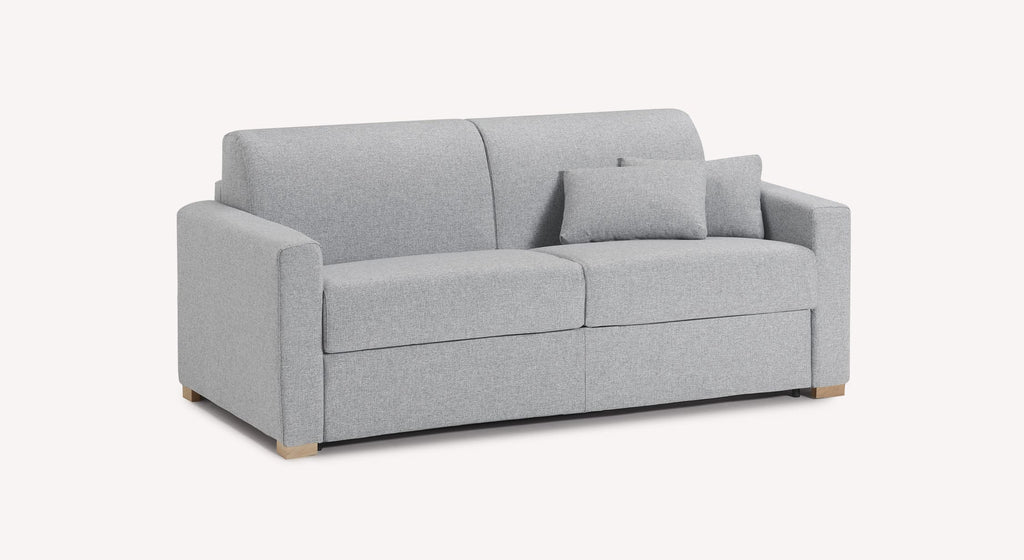 Canapé gris clair "Denver Silver" avec coussin assorti, design moderne et pieds en bois
