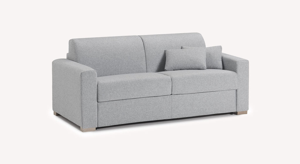 Canapé convertible Jerry large en tissu gris argenté, modèle Denver, avec coussin assorti