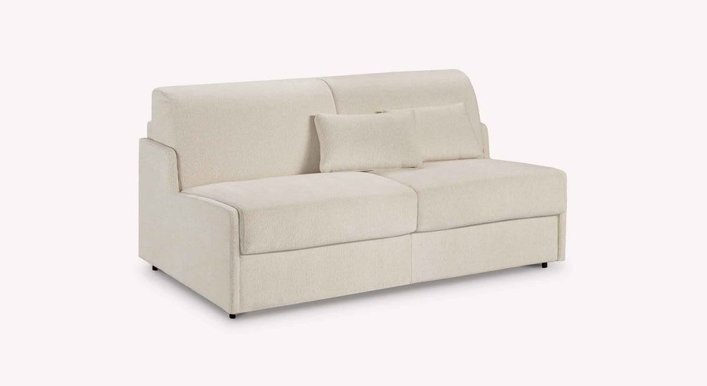 Canapé convertible JERRY Mini Misterio Ivoire en tissu ivoire clair avec coussins assortis, design moderne et compact idéal pour un couchage quotidien.