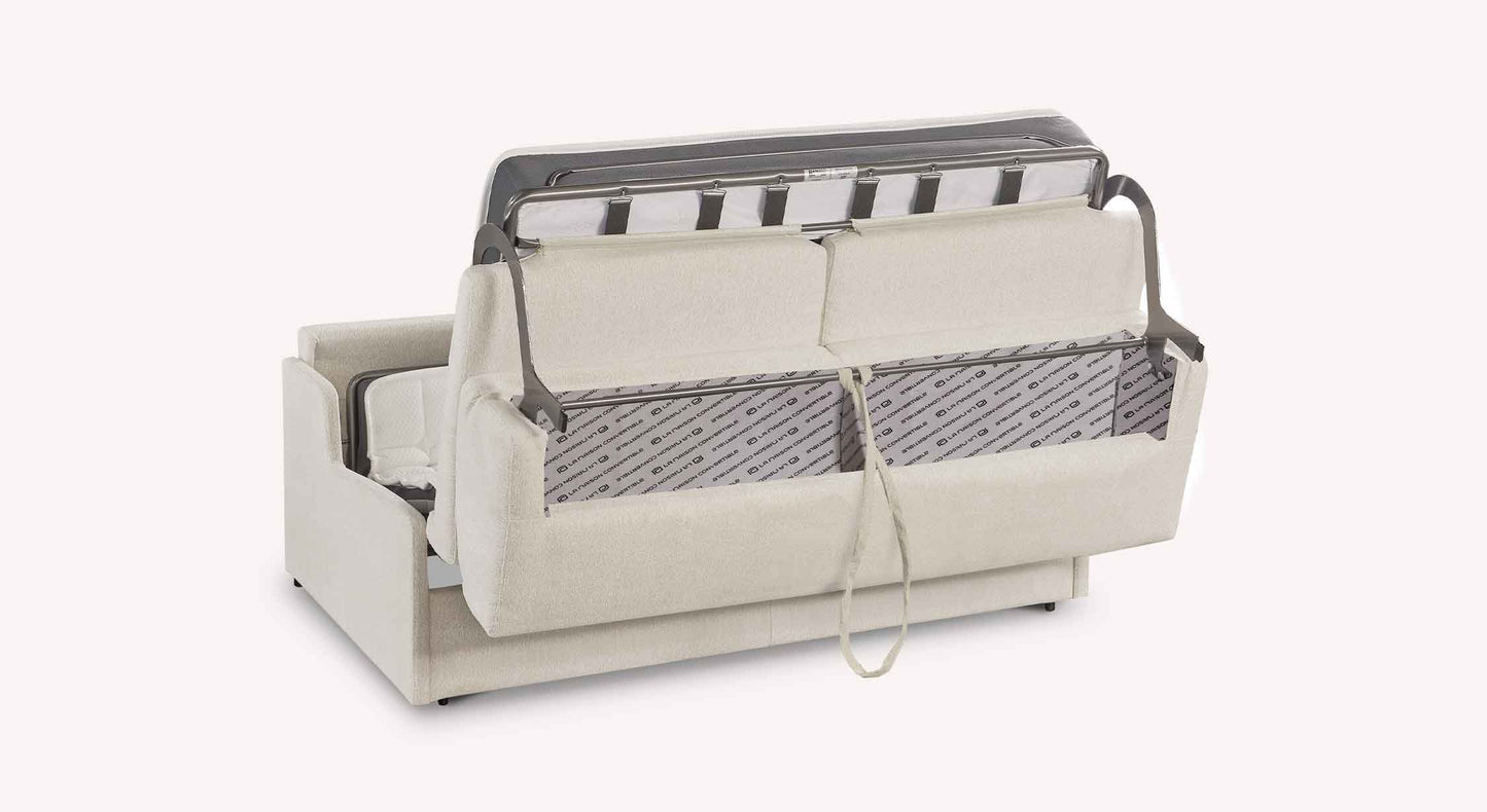Canapé convertible JERRY Mini Misterio Ivoire ouvert montrant sa structure métallique et son système d’ouverture facile avec une finition en tissu ivoire clair.