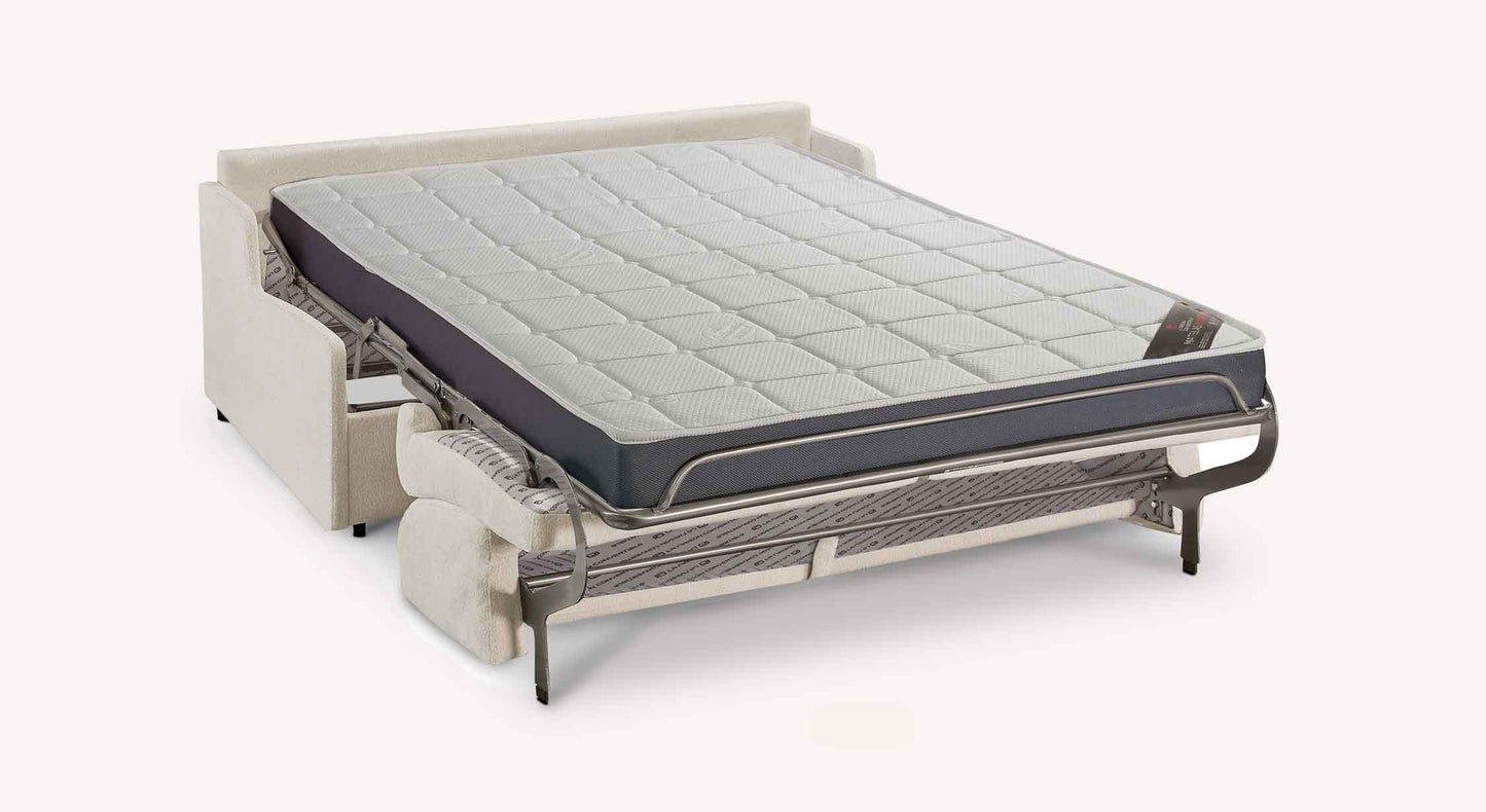 Canapé convertible JERRY Mini Misterio Ivoire déplié avec matelas confortable, design compact et élégant idéal pour un couchage quotidien dans un intérieur moderne.