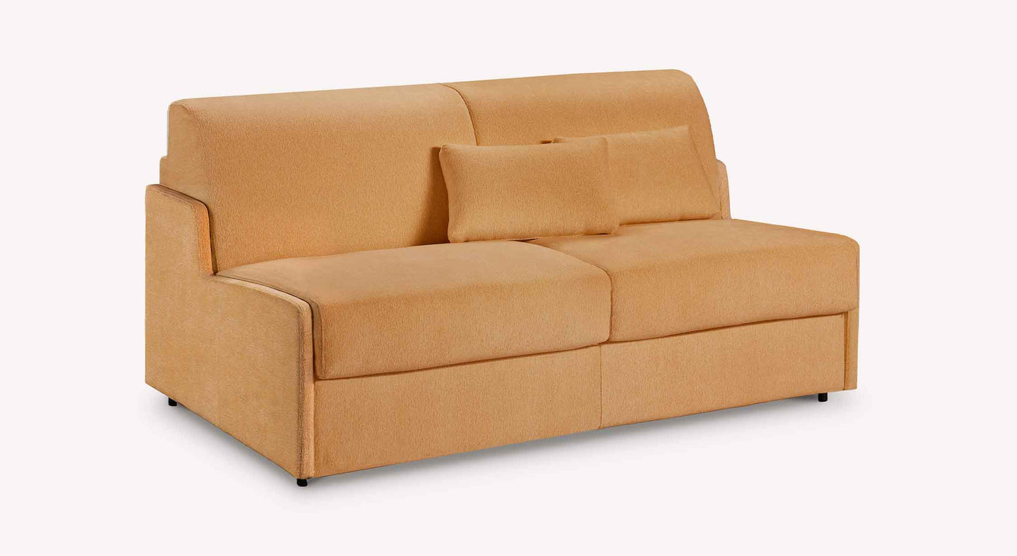 Canapé convertible JERRY Mini Misterio Curry en tissu curry clair avec assise confortable et coussin assorti, design compact idéal pour petits espaces.