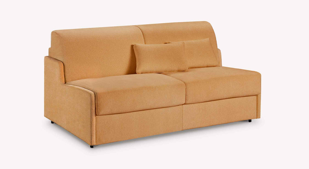 Canapé convertible JERRY Mini Misterio Curry en tissu curry clair avec assise confortable et coussin assorti, design compact idéal pour petits espaces.