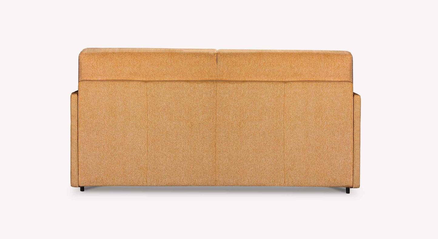 Canapé convertible JERRY Mini Misterio Curry vu de dos, revêtement tissu curry clair avec un design moderne et compact pour un couchage quotidien confortable.