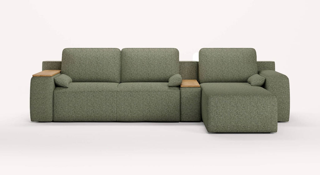 Canapé convertible d'angle en tissu olive avec coffre intégré, accoudoirs en bois, modèle Mariclo