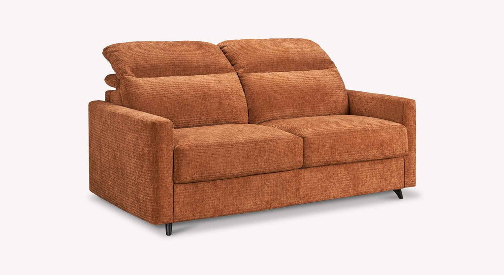 Canapé convertible MOTUS Paradoxe Cuivre en tissu texturé couleur cuivre, avec dossier ajustable et design moderne adapté pour un couchage quotidien confortable.