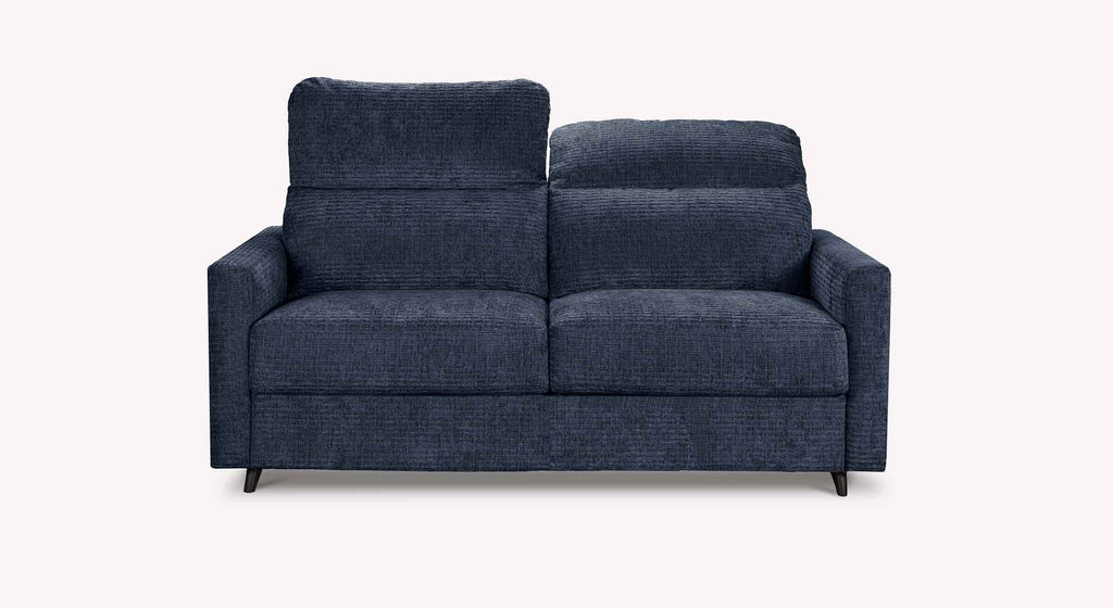 Canapé convertible MOTUS Paradoxe Nuit en tissu bleu foncé avec assises et dossiers confortables, idéal pour un couchage quotidien dans un salon moderne.