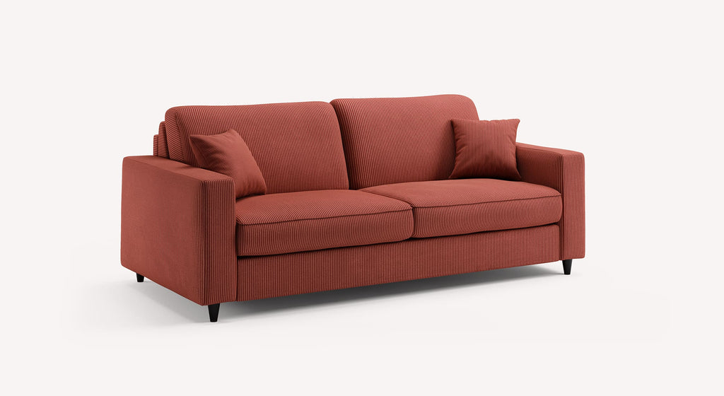 Canapé convertible Alba en tissu Lincoln Terra Rossa, avec coussins assortis et pieds noirs