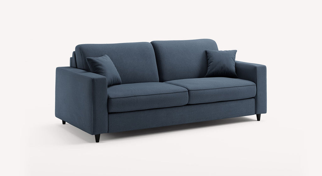 Canapé convertible Alba en tissu Lincoln bleu nuit, design moderne avec accoudoirs carrés et deux coussins assortis