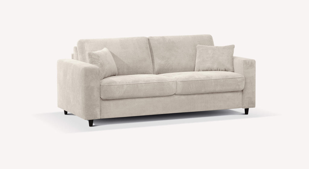 Canapé convertible Alba en tissu Moby avoine, design moderne avec accoudoirs épais et coussins assortis
