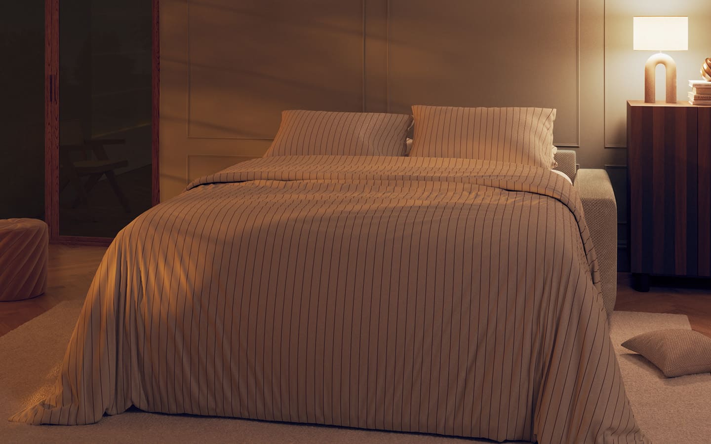Ambiance canapé-lit Alba beige ouvert