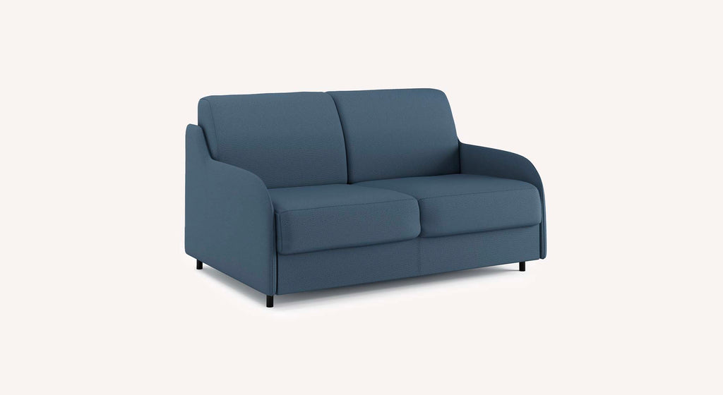 Canapé convertible Alix en tissu Luna denim, design moderne avec accoudoirs arrondis