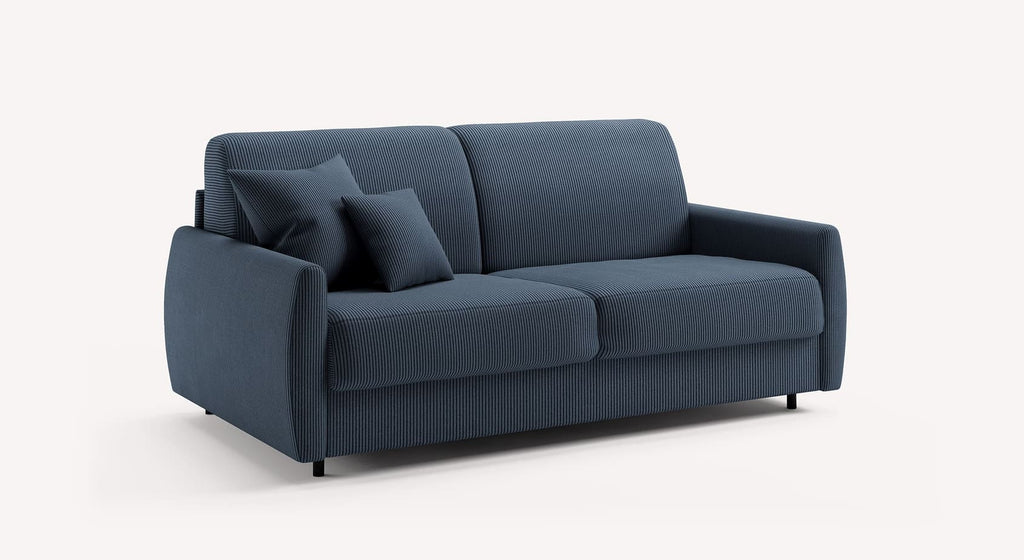 Canapé convertible Alix en tissu Lincoln bleu nuit avec coussins assortis, design moderne et élégant