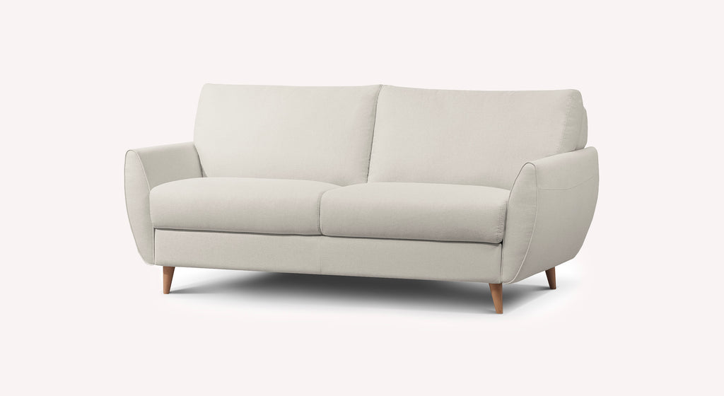 Canapé convertible en tissu ivoire, modèle Vanny, avec pieds en bois, design moderne et épuré