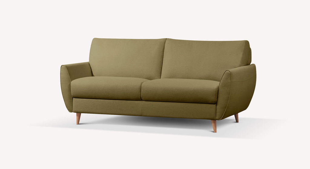 Canapé convertible en tissu kaki, modèle Vanny, avec accoudoirs arrondis et pieds en bois