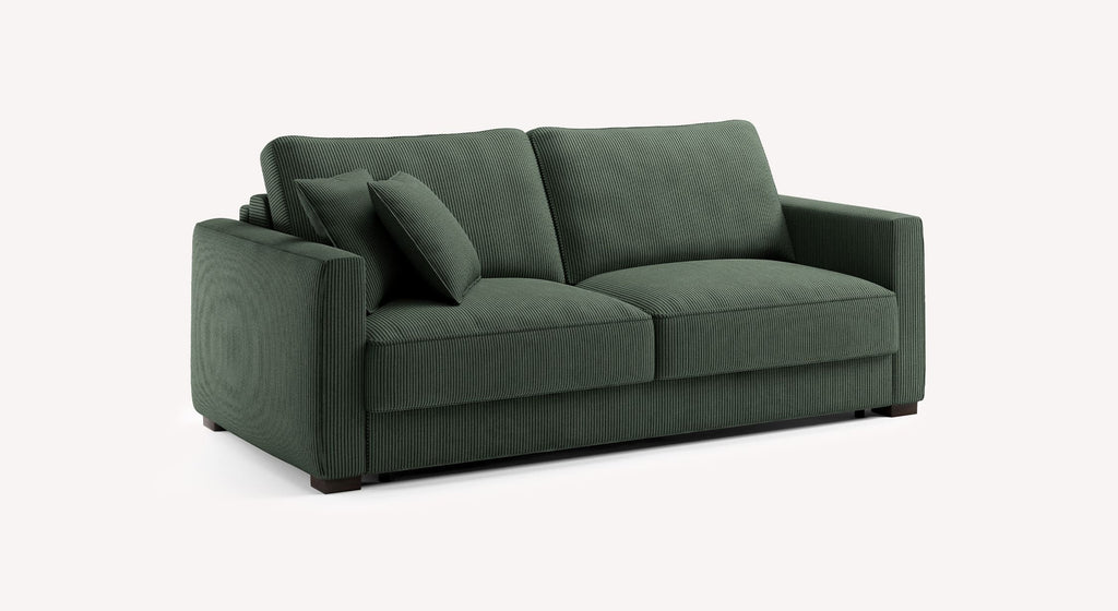 Canapé convertible Cocoon Lincoln en tissu vert sapin avec coussins assortis