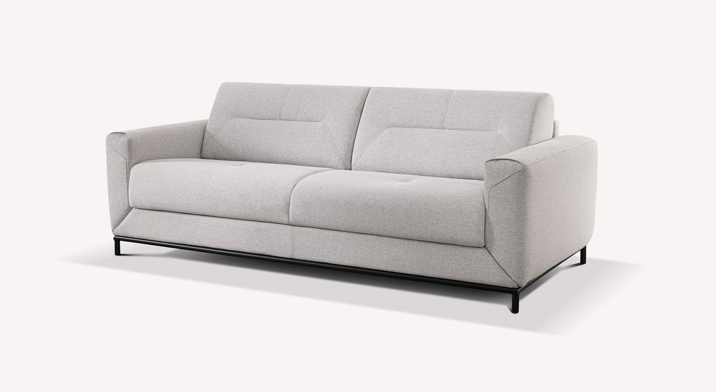 Canapé convertible Gustave en tissu Tixer argenté, design moderne avec accoudoirs épais et pieds noirs