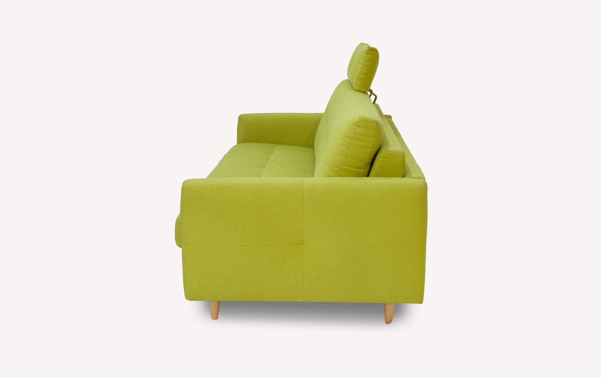 Canapé convertible vert Austin Luna, modèle Soho, vu de côté avec accoudoirs et pieds en bois