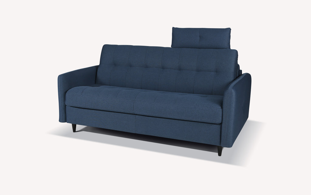 Canapé convertible Soho en tissu Luna denim, design moderne avec accoudoirs et dossier ajustable