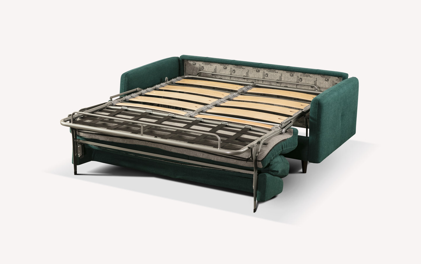 Canapé convertible Soho en tissu Austin couleur pétrole, déplié pour montrer le sommier en métal et lattes en bois