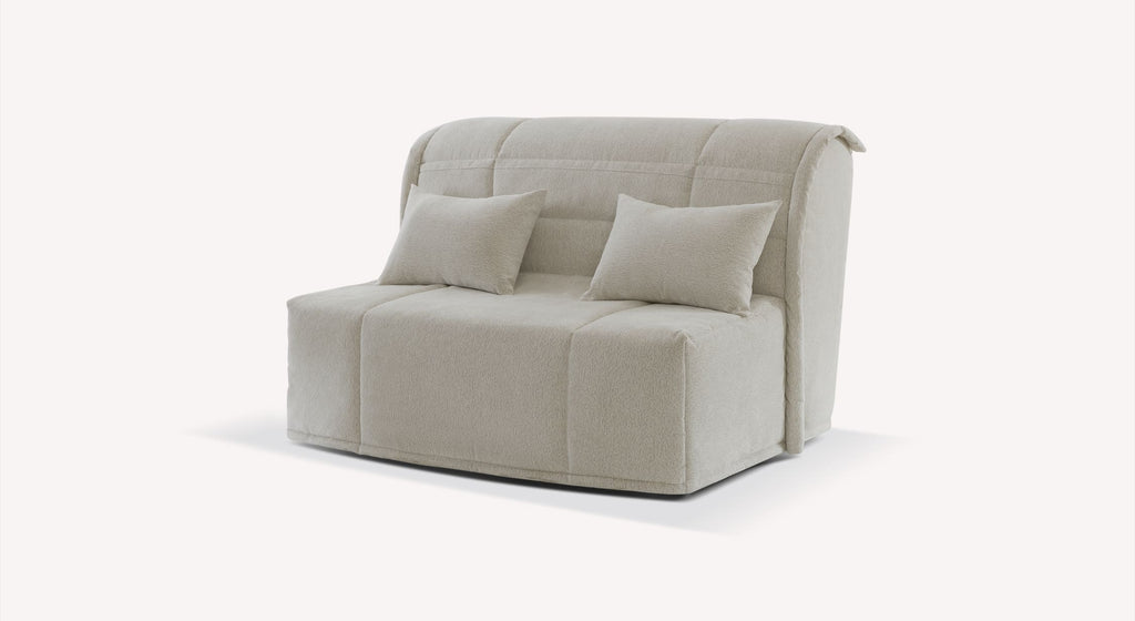 Banquette BZ Toronto en tissu grège avec deux coussins assortis, design moderne et compact