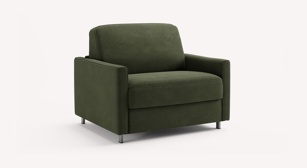 Fauteuil vert foncé modèle Jimmy Teatro Forest, design moderne avec accoudoirs épais et pieds métalliques