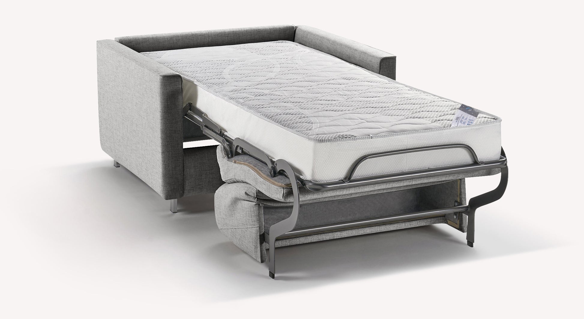 Fauteuil convertible Jimmy ouvert en tissu gris Foster, montrant le matelas déplié
