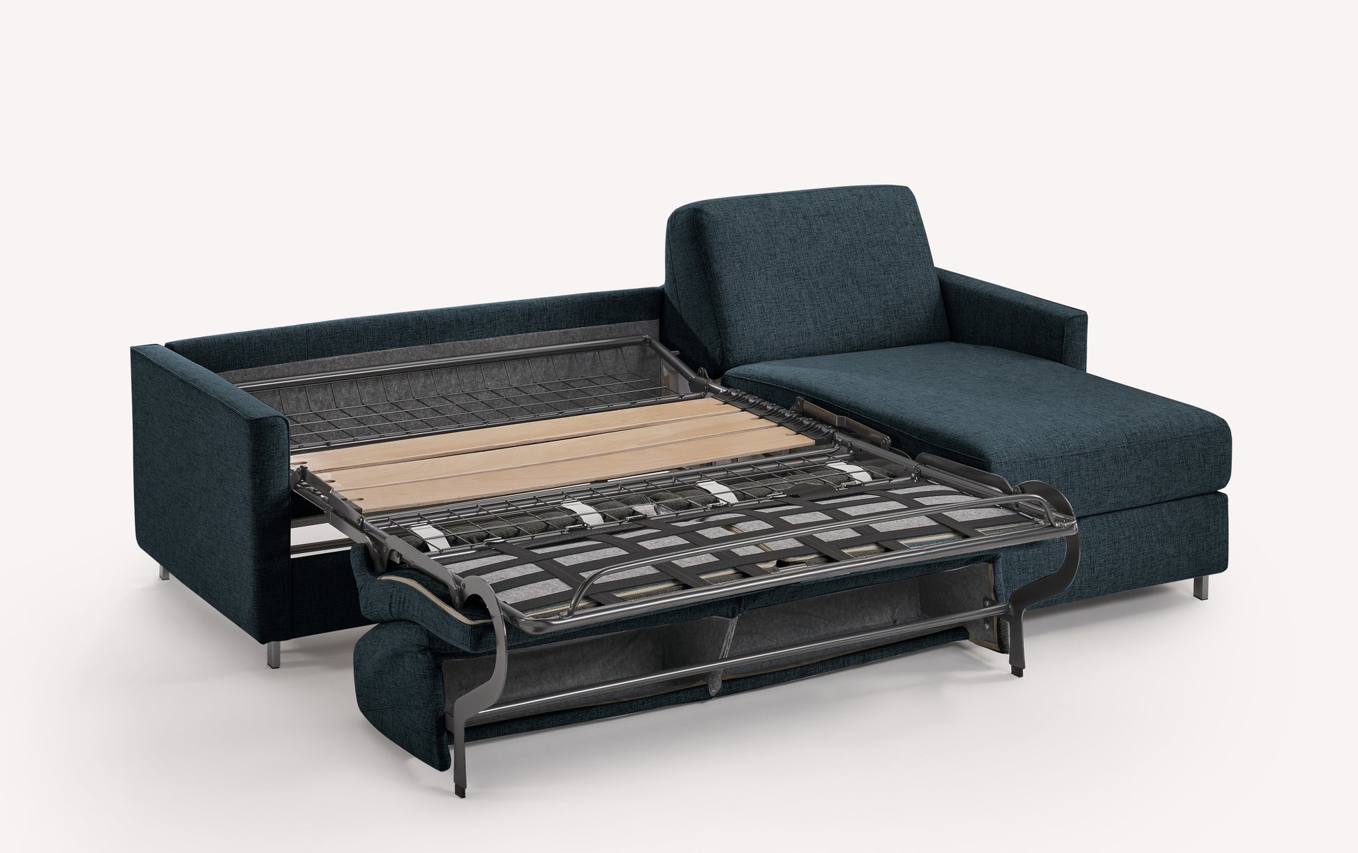 Canapé d'angle convertible en tissu bleu océan, modèle Jimmy, avec sommier déplié