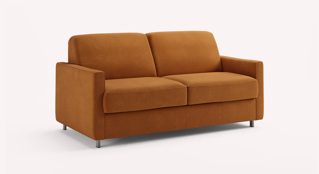 Canapé convertible Jimmy en tissu cuivre, design moderne avec accoudoirs carrés et pieds métalliques