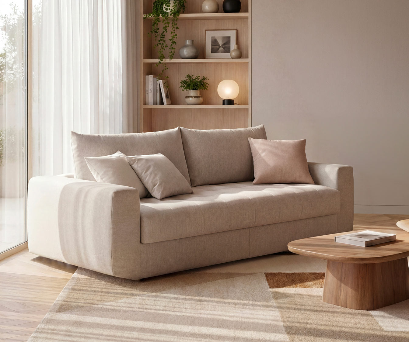 Canapé convertible STELLA Fixe Gemma Avoine avec assise et coussins en tissu beige clair, présenté dans un salon lumineux et contemporain.