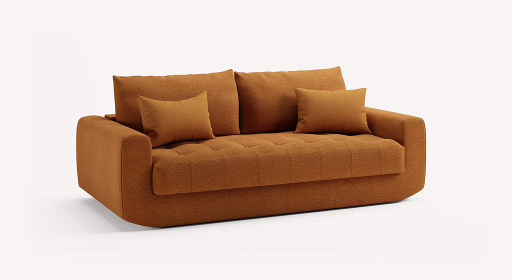 Canapé convertible Stella en tissu cuivre avec coussins assortis, design moderne et lignes épurées