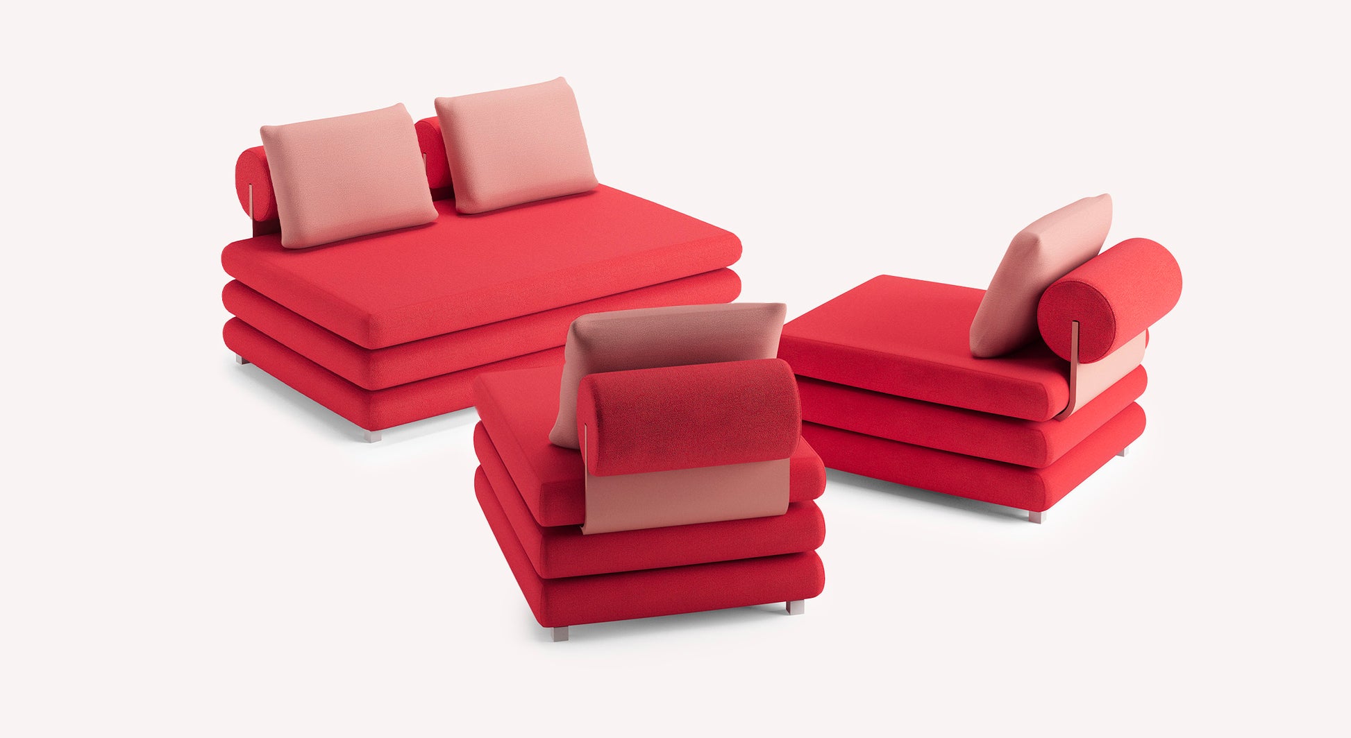 Lot de trois fauteuils modulables rouges avec coussins roses, design moderne et empilable